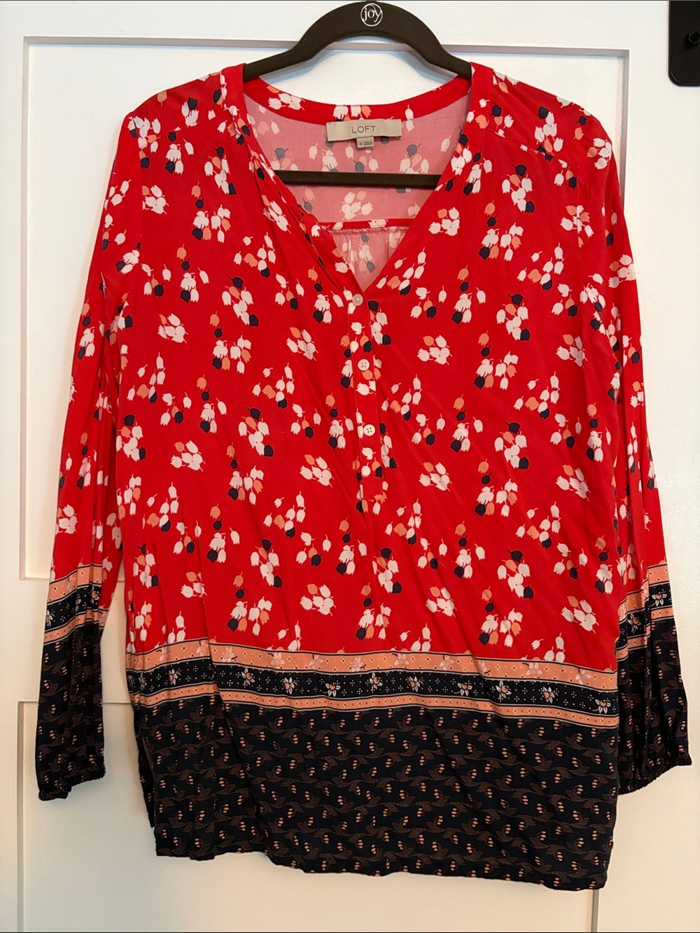 LOFT Red Floral Border-Print V-Neck Blouse with Navy Hem